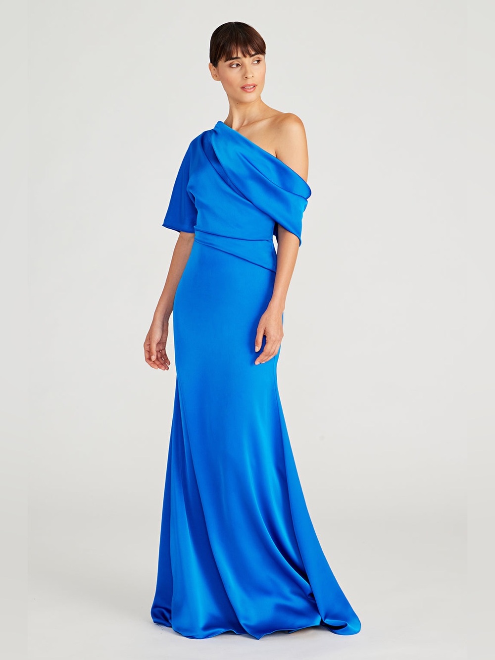 Theia Remi One-Shoulder Royal Blue Satin Draped Gown